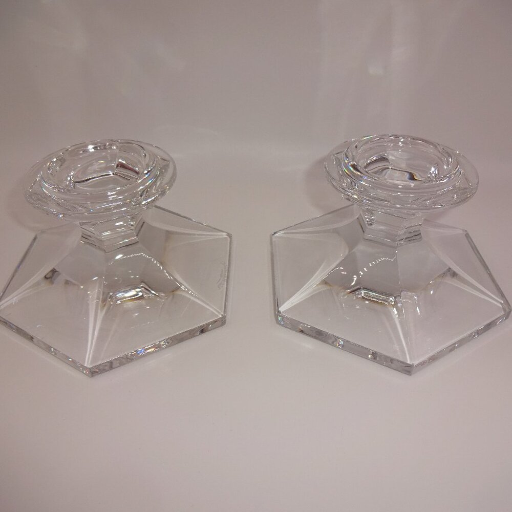 Pair 2 Vintage Val St Saint Lambert Crystal Hexagon Candle Holders Set Belgium